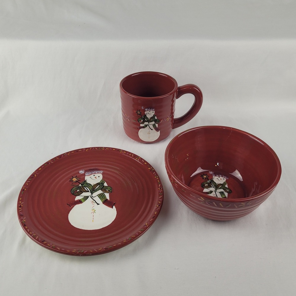 Tracy Porter Jingle Bell Snowman Red Ceramic Mug Bowl Plate 3 Piece Set
